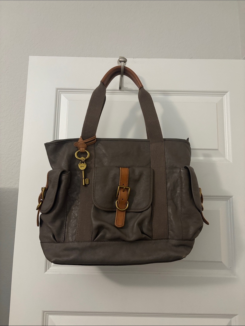VTG Fossil Taupe Leather & Canvas Tote Shoulder Bag w/Tan Accents Pockets Galore